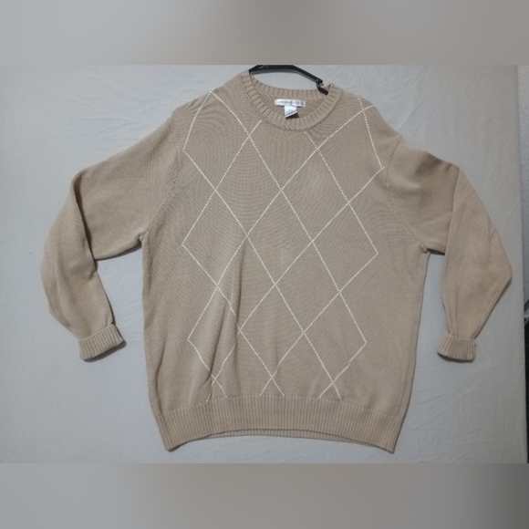 Geoffrey Beene Sweater Mens L Argyle Brown Pullover Roll Tab Eclectic Grandpa - Picture 1 of 6